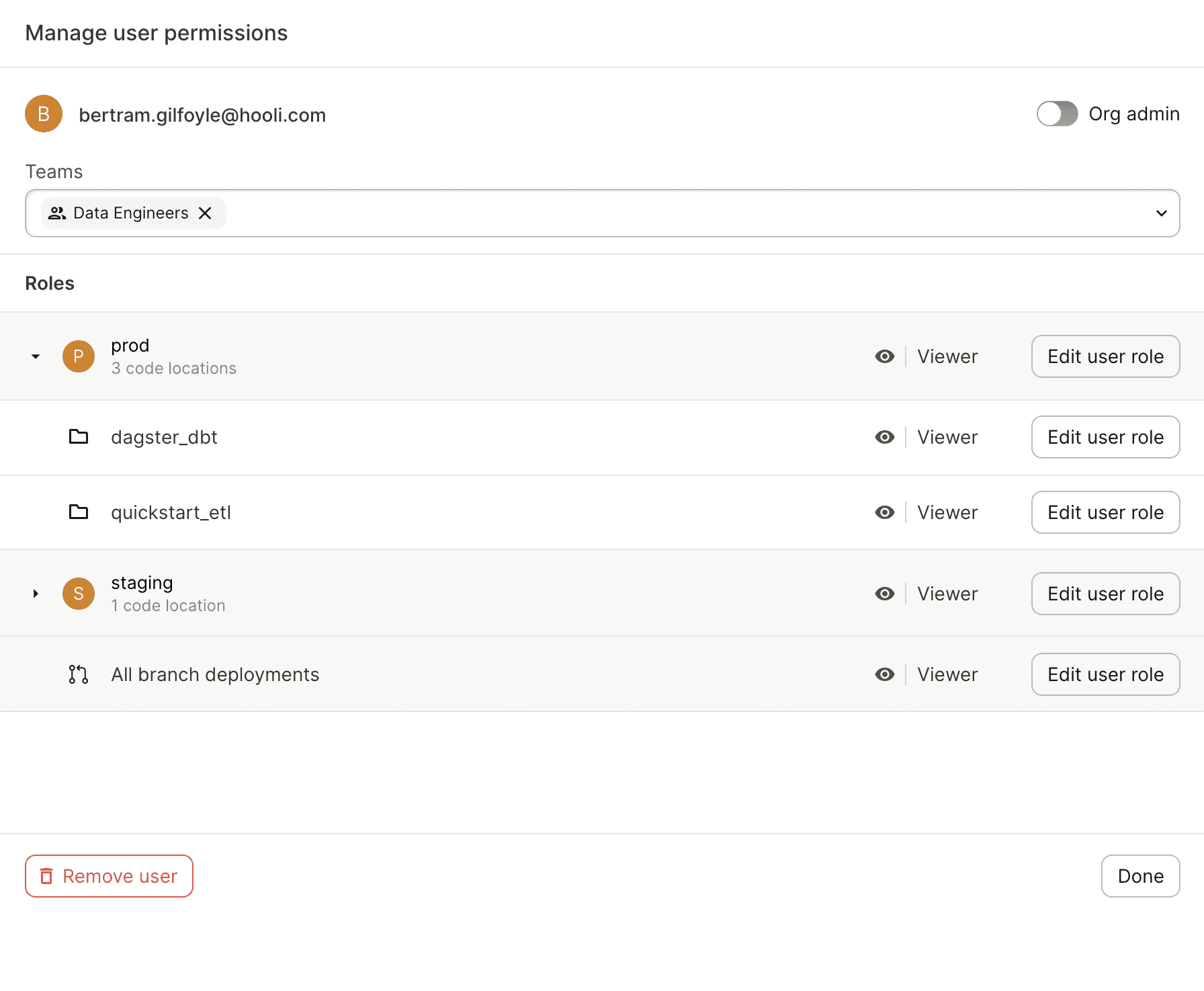 Managing user teams and roles for a user in Dagster Cloud
